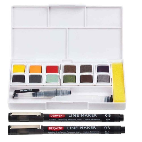Derwent Line & Wash Paint Set, Professional Quality, Fine Line Pens, Inktense Colors, Art Supplies for Adults, Portable, Travel Set Includes 12 Paint Pans, 2 Line Makers, Mixing Palettes, Sponge