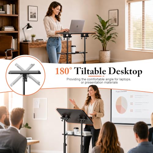 OUKMIC 24x16in Adjustable Height Rolling Podium Stand with 180° Tilting Desktop - Black