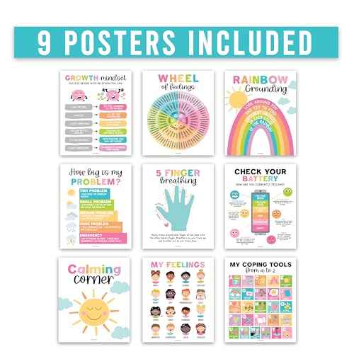 Hadley Designs 9 Calming Corner Posters For Classroom Must Haves For Teachers - 11x14 Calm Down Corner Supplies, Feelings Chart For Kids Ages 4-8, Feelings Wheel Poster, Pastel Classroom Decor