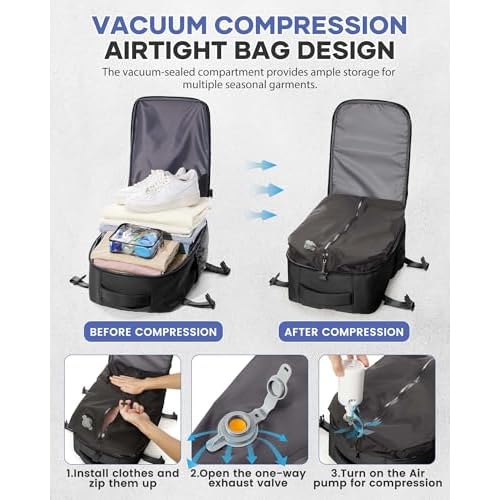 Vacuum Travel Backpack with Pump Women Personal Item Carry on Vacpack Backpacks Flight Approved 18x14x8 inches Men Laptop Waterproof Work Compression bags Casual Daypack Black Vacuum seal backpack
