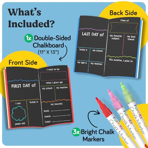 Funcils Book Board First Day of School Sign with 3 Chalk Markers - Kindergarten & Preschool Class Photo Prop