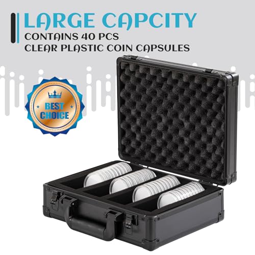 Metal Coin Case Contains 40 Pcs Clear Plastic Coin Capsules, up to 46mm Coin Collection American Silver Eagle Liberty Coin &JFK Half Dollar &Bitcoin |