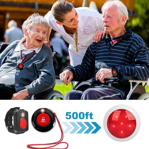 Medical Alert Button Emergency Call System with Strobe Light & Watch Button, 500ft Range Elderly Alert for Bed/Bathroom Safety, Home Care Pager with Necklace+Wrist Transmitters (1 Receiver+2 Buttons)