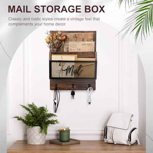 Farmhouse Mail Organizer Wall Mounted Rustic Mail Holder Hanging Key Sorter with 3 Hooks Indoor Wooden Wall Mounted, Letter, Magazines, Newspapers, Keys(Brown)