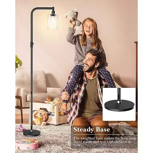 Lightdot 63IN Glass Floor Lamp for Living Room, Dimmable Modern Standing Tall Lamps with Clear Glass Lampshade, Mid Century Industrial Floor Lamp with 3000K Warm White for Bedroom Office-Black