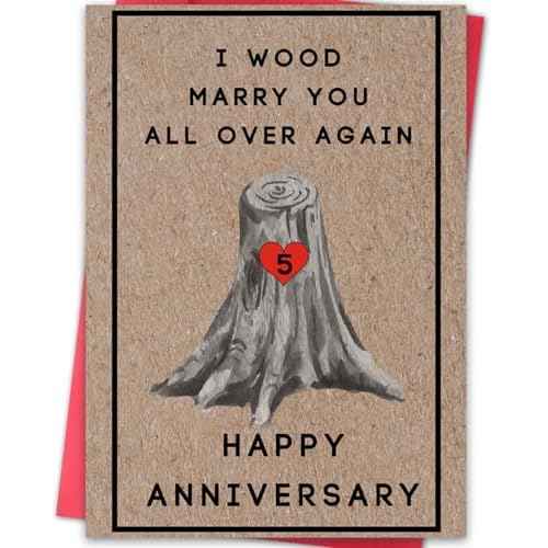 Happy 5th Anniversary Card for Women Men, 5th Wedding Anniversary Wood Card for Him Her,Fifth Anniversary Card for Boyfriend, 5 Years Married Gift for Husband