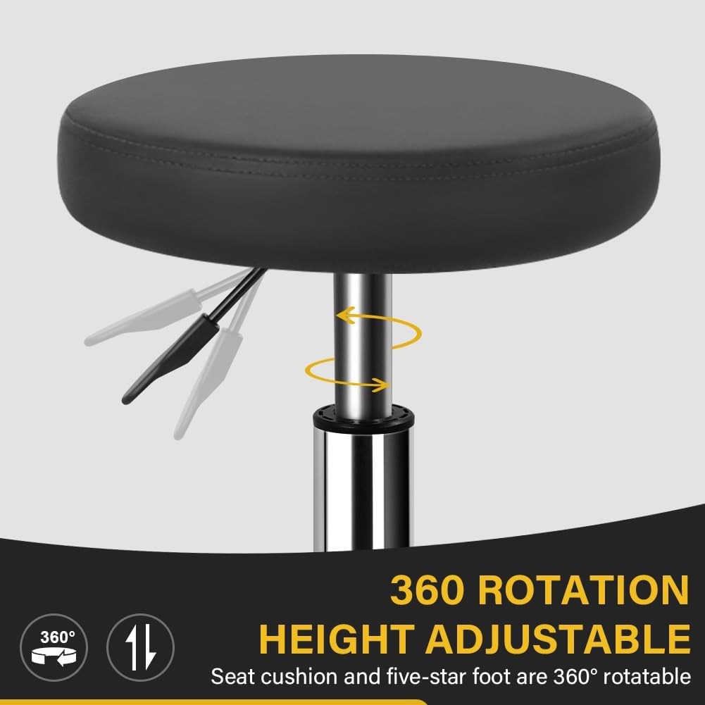 WKWKER Round Rolling Stool - Height Adjustable PU Leather 360° Swivel Chair | Grey with Footrest