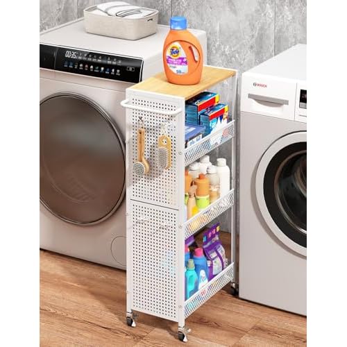 Utility Slim Storage Cart 4 Tier Small Rolling Kitchen Laundry Room Organization Cart with Wood Top Metal Narrow Laundry Room Shelves Cabinet Unit Laundry Organizer Trolley with Handle for Small space