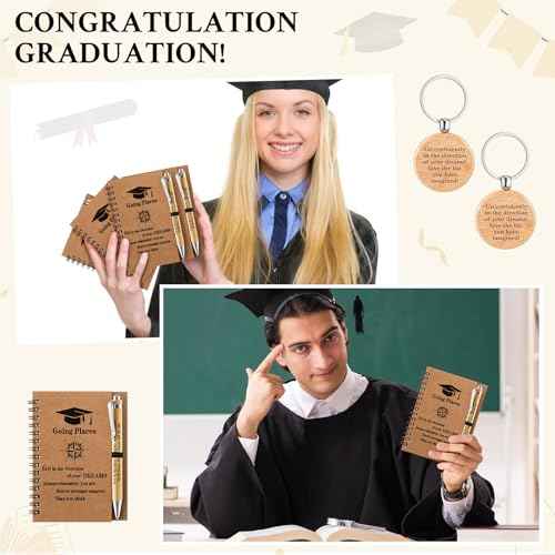 Gueevin 50 Set 2025 Inspirational Graduation Gift Bulk Spiral Kraft Notebooks Bamboo Ballpoint Pens Keychains for College Graduate Teacher Student Employee Coworker Appreciation Gift