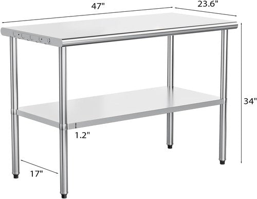 ROVSUN Stainless Steel Prep Table - 48'' x 24'' Heavy Duty Workstation with Adjustable Under-Shelf | Ideal for Kitchen, Restaurant, and Outdoor Use