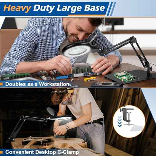 10X Magnifying Glass with Light and Stand, Magnifier with Light Hands Free, Lighted LED Magnifying Lamp Stepless Dimming Magnifying Desk Lamp Dust Cover Design for Crafts Repair Art Close Work