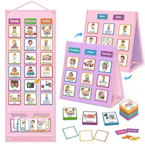 Godery Large Visual Schedule for Kids Chore Reward Chart,Bedtime Routine Chart for Toddlers,Double Side Schedule Board with 109 Cards for Home School Planner,Autism Learning Materials (Pink)