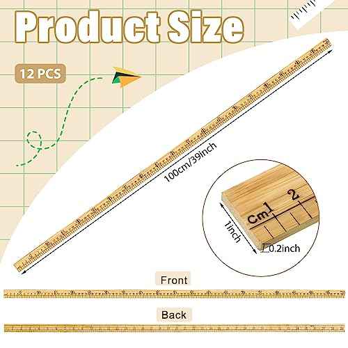 Fulmoon 12 Pieces Wood Double Sided Meter Stick Yard Stick Thick Wooden Ruler Yardsticks Bulk for School Classroom Home Office Kids Measuring Meterstick(39")