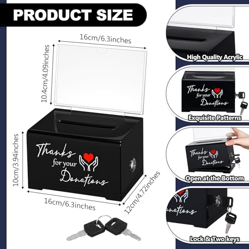 Black Donation Box with Lock & 2 Keys - Acrylic Fundraising Box with Gratitude Message