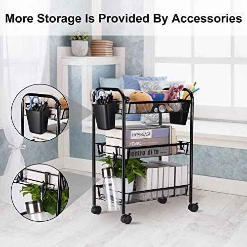 3 Tier All-Metal Rolling Utility Cart with Locking Wheels,Easy-Carry and Assembly Mesh Trolley Cart with 2 Small Baskets and 4 Hooks for Bathroom Kitchen Office Balcony,Slide-Out Narrow Shelf