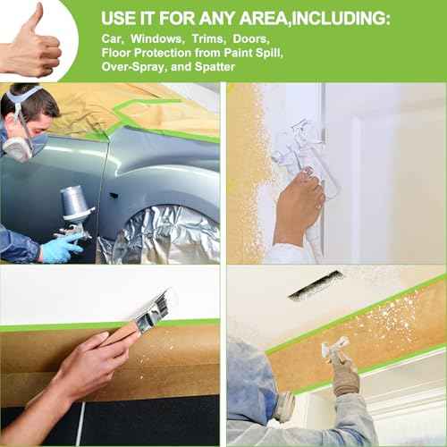 6 Rolls Pre-Taped Masking Paper for Painting and 3 Rolls Masking Tape Set -18 inch x 50 feet Tape and Drape for Painting, Painters Paper for Automotive Paint Masking, Floor Protection,Wall Covering
