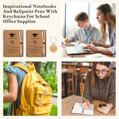 Gueevin 50 Set 2025 Inspirational Graduation Gift Bulk Spiral Kraft Notebooks Bamboo Ballpoint Pens Keychains for College Graduate Teacher Student Employee Coworker Appreciation Gift