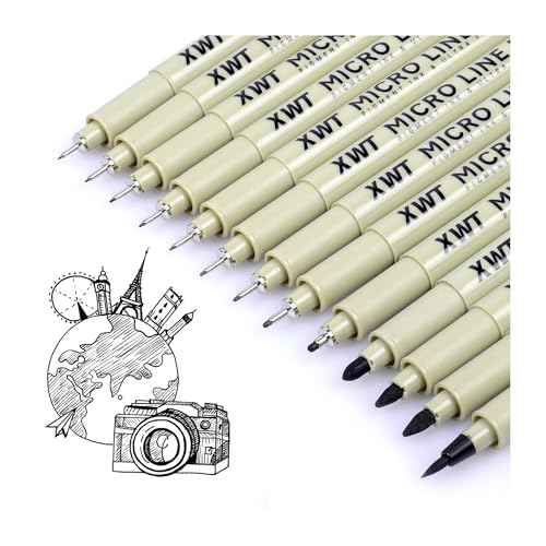 12+1 Fineliner Drawing Art Pens, Black Waterproof Pigment Ink Set for Artists, Sketching, Manga, Watercolor, Calligraphy, and Detail Outlining Archival Quality Inking Markers