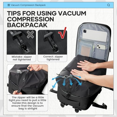 Vacuum Backpack Travel with Pump for Women Men Large Carry on Backpack Flight Approved Personal item Travel Bag with Vacuum System Black