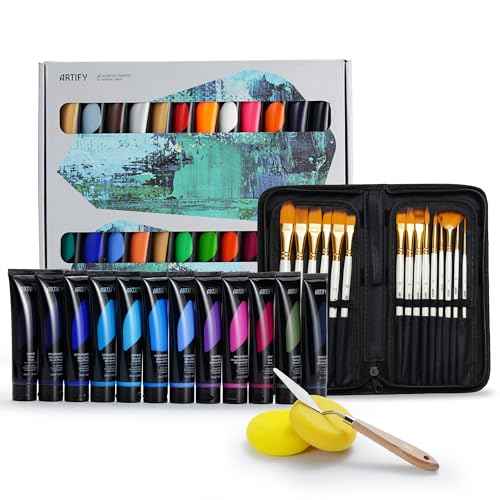 ARTIFY Heavy Body 48 Colors Acrylic Paint Set, 48 Colors with 15 Pieces Synthetic Brushes Set, Includes Bonus Sponge, Palette and Knife for Beginners