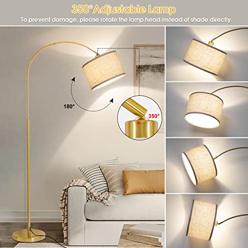 Gold Floor Lamp, Arc Floor Lamp for Living Room with Adjustable Drum Lampshade, Modern Tall Standing Lamp with On/Off Foot Switch, Over Couch Arched Reading Light for Reading, Bedroom, Office