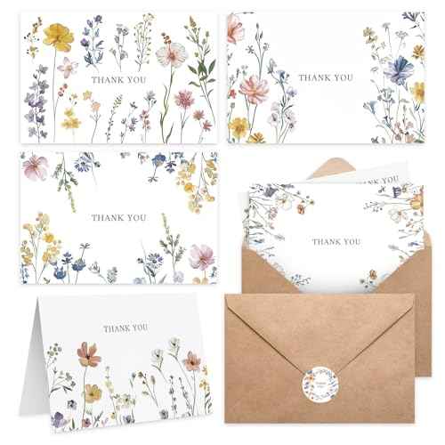 102 PACK Floral Thank You Cards With Envelopes (4"x6") - Wildflower Blank Cards With Adhesive Envelopes & Matching Stickers for Wedding, Bridal Showers, Baby Showers, Birthday, All Occasion