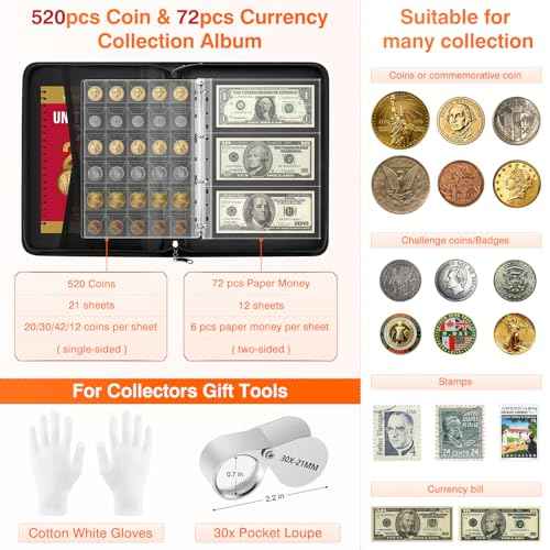 Coin Collection Book with 520 Pockets Coin Holders, Coin Albums for Collectors Coin Sleeves-Paper Money Binder Organizer Coins Storage Case with Lock,Collecting Coin Collection Supplies for Bill,Stamp
