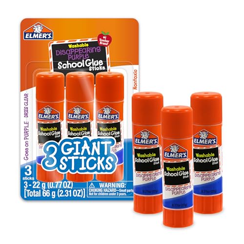 Elmer's Disappearing Purple School Glue Sticks Pack of 3, Washable, 22g – Ideal for Kids & Classroom Projects