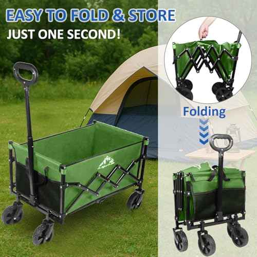 Collapsible Wagon Folding Utility Cart, Beach Wagon 352LBS Heavy-Duty with Adjustable Handles, 5" Quiet Swivel Wheels, Lightweight (11lbs) for Groceries, Camping, Moving, Green