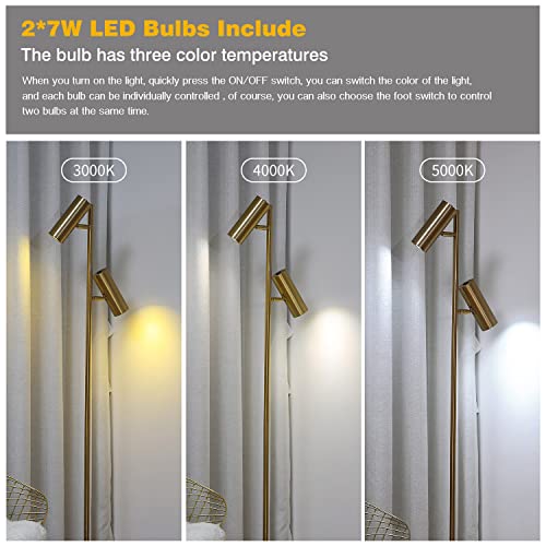 Hsyile Lighting KU300211 Cozy Elegant Modern Creative Bedroom & Living Room Floor Lamp,Tall Pole Uplight for Office - Brass Finish - Adjustable Tree Floor Lamp with 2 Lights