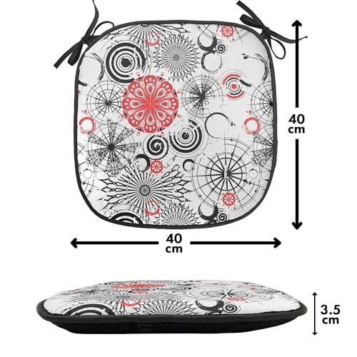 Ambesonne Mandala Chair Seating Cushion Set of 8, Grunge Looking Round Floral Rounds Contrast Colors and Design, Anti-Slip Seat Padding for Kitchen & Patio, 16"x16", Vermilion Black White