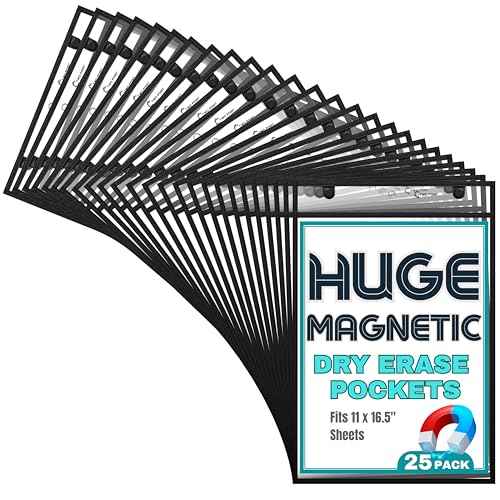 Huge Magnetic Dry Erase Pockets by Two Point (25-Pack) - Portrait - Fits 11 x 16.5 inch Pages, Black Dry Erase Sleeves, Job Shop Ticket Holders, Clear Paper Sleeves Protector, Magnetic Folder Pouch