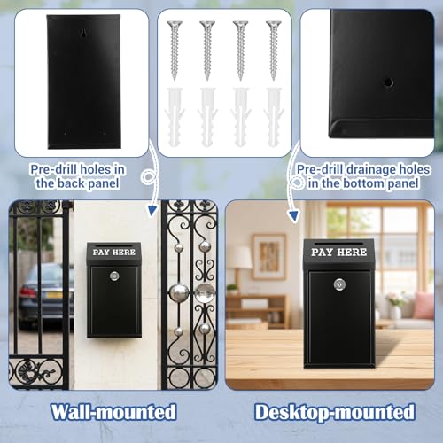 Wall Mount Locking Cash Box for Donations & Security - Black Metal Safe