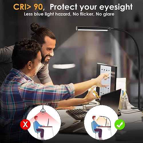 ShineTech LED Desk lamp with Clamp, Eye-Caring Clip Lights for Home Office, 3 Colors Full Brightness, Flexible Gooseneck USB Adapter Table Lamp, Black
