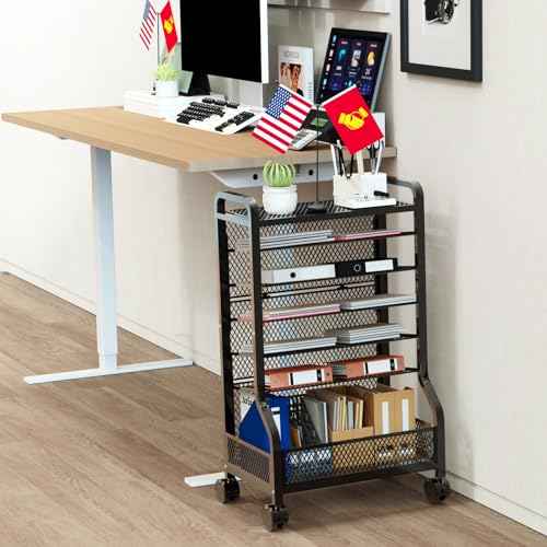 Teacher Rolling Cart Storage Organizer File Folder Rolling File Cart Under Desk 7-Tier Standing File Organizer on Wheels Mesh Paper Letter Sliding Trays for Home Office Study