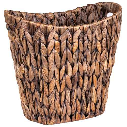 FairyHaus Wicker Waste Basket with Handle, Hand-Woven Water Hyacinth Trash Can for Bathroom Bedroom, Brown Wicker Storage 13 x 7.5 x12.2