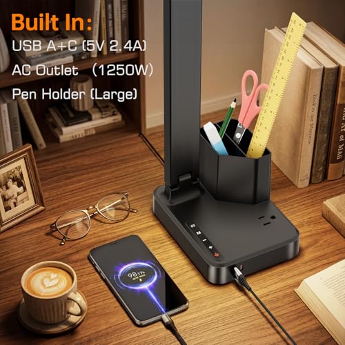 COZOO Black LED Desk Lamp with USB-C & AC Power Outlet, Pen Holder, Dimmable Office Light