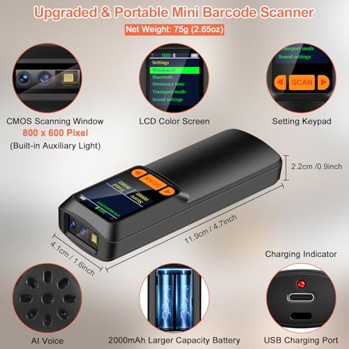 KUIIYER Mini Bluetooth Barcode Scanner, Wireless 2D QR 1D Bar Code Scanners with LCD Screen Display & Setting Keypad & AI Voice, Small Portable Handheld Barcode Reader for Smart Phone, Computers & POS