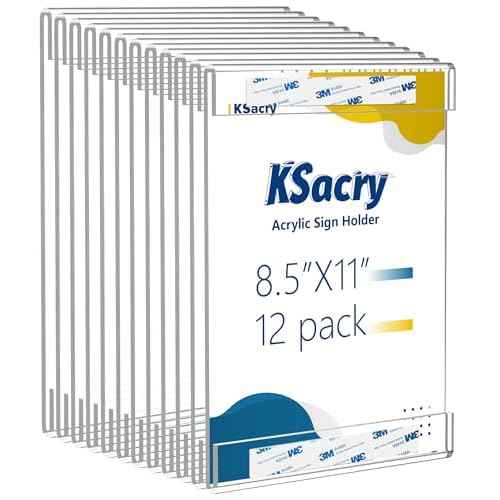 12 Pcs Acrylic Sign Holder 8.5 x 11, Vertical Wall Mount Sign Holders with 3M Adhesive, Clear Plastic Frames Paper Display Sign Holders for Office, Home, Store, Restaurant - No Drilling