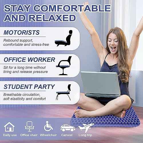Gel Seat Cushion, Jumbo&Thick Gel Cushion Chair Pads with Non-Slip Cover for Home Office Car Seat Wheelchair, Soft Breathable Honeycomb Seat Pads for Relieve Hip Pain, Blue 20x20x1.9inch