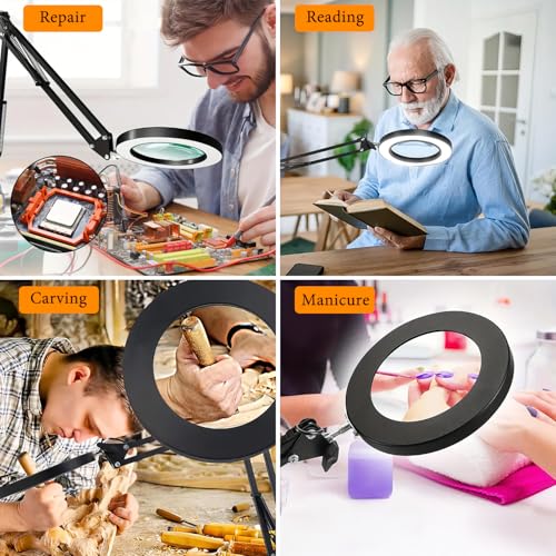 15X Magnifying Glass with Light ? Real Glass Lens, 3 Color Modes & Adjustable Brightness ? 2-in-1 Desk Lamp with Clamp & Heavy Base ? Flexible Swing Arm ? Ideal for Crafts, Reading, Repair, Seniors