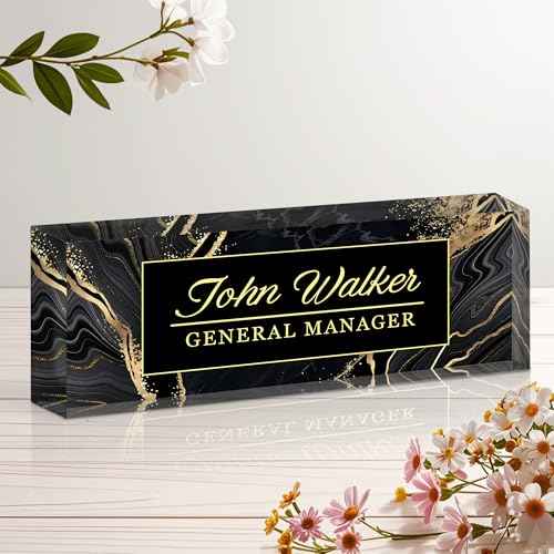 Ship Next Day Personalized Name Plate for Desk, Custom Acrylic Desk Name Sign, Office Appreciation Gifts for Women Men Coworkers Boss Teacher Employee (Black Marble)