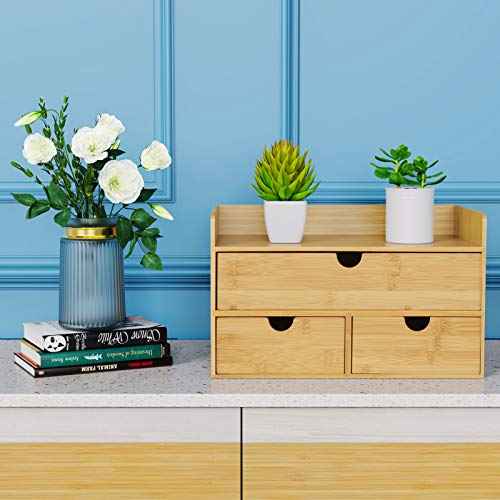 Wisuce Bamboo Desk Organizer, Mini Desktop Drawer Tabletop Storage Organization Box for Office Home Toiletries Supplies Vanity, No Assembly Required (3 Drawer with Shelf)