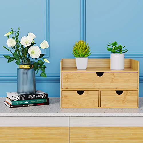 Wisuce Bamboo Desk Organizer with Shelf & 3 Drawers - Office Storage