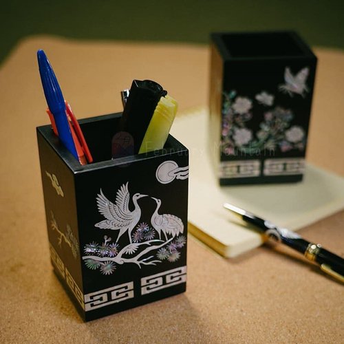 February Mountain Handcrafted Korean Mother-of-Pearl Pen Holder - Crane and Pine Tree Design, Elegant Black Lacquered Desk Organizer for Office or Home