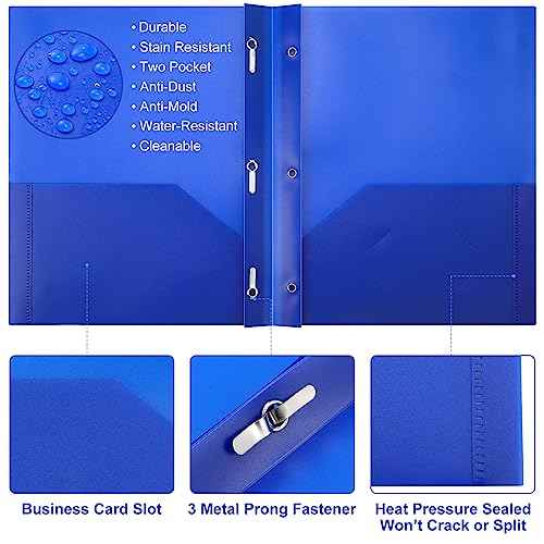 Patelai 48 Pcs Plastic Folders with 2 Pockets and 3 Prongs Home Folders with Card Slot Letter Size Heavy Duty Report Covers for Back to School(Blue,Classic)