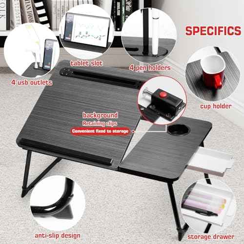 CloudTrip Plus XL Adjustable Laptop Desk with Light, USB Port, iPad Holder, Drawer Storage - Larger 23.6IN Adjustable Lap Desk for Bed, Home Office, Breakfast Tray, Fordable Legs Desk (Black)