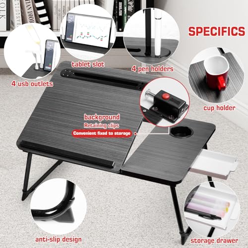 CloudTrip Plus XL Adjustable Laptop Desk with Light, USB Port, iPad Holder, Drawer - Black