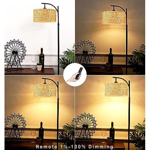 Floor Lamp for Living Room Bedroom Farmhouse Arc Rattan Boho Standing Lamp with Remote Dimmable Black Wicker Bamboo Lamp Shade Floor Light Adjustable Tall Lamp Industrial Floor Lamps Bohemian
