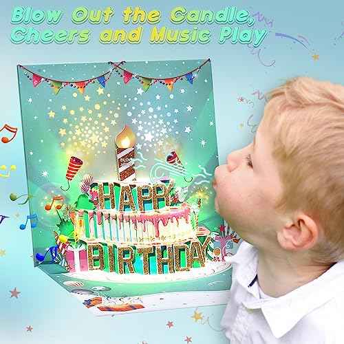 Musical Birthday Cards, 3D Pop Up LIGHT Blowable Cake Happy Birthday Cards with Music and Cheers Sound, Funny Popup Greeting Card Birthday Gifts for Kids, Women, Men, Daughter, Mom